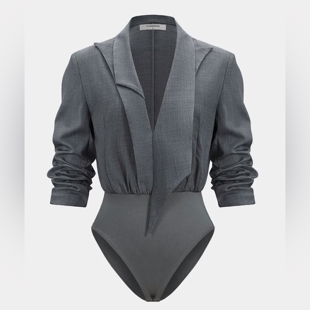 Commense Grey Long Sleeve Blazer Collar Bodysuit size SMALL NWT